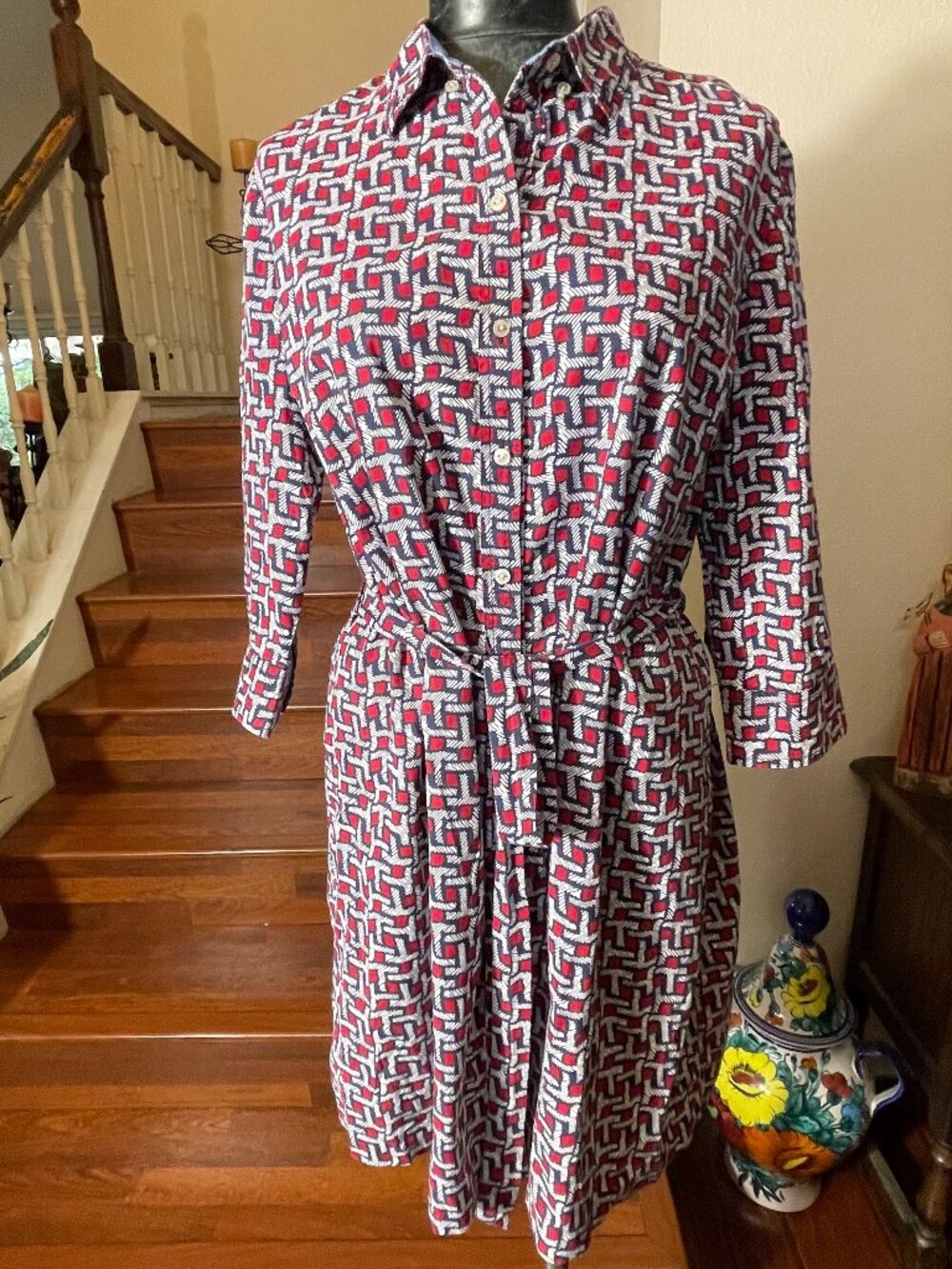 Tommy Hilfiger Belted Shirt Dress Red White Blue Geom Patt Front Buttons Size XL